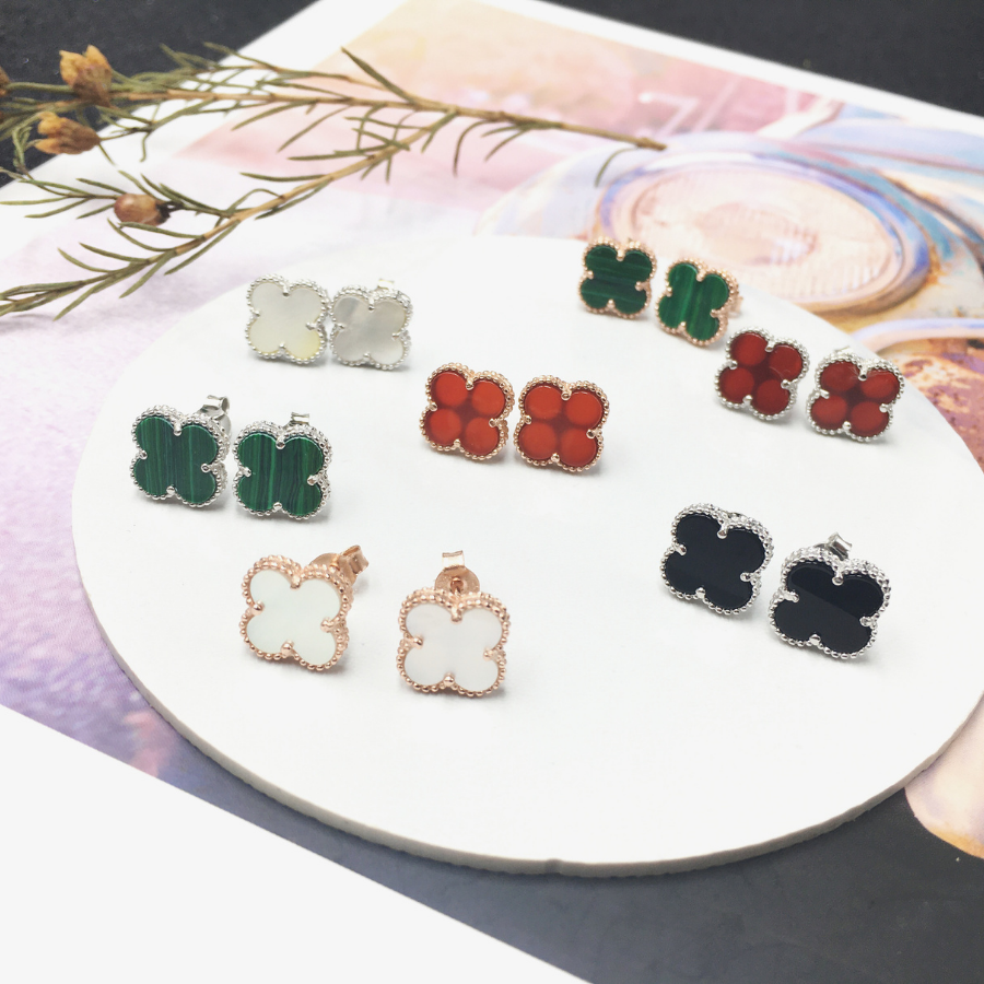 Khuyên tai cỏ bốn lá bạc ý 925 CECY Đen , Đỏ , Trắng , Xanh lá